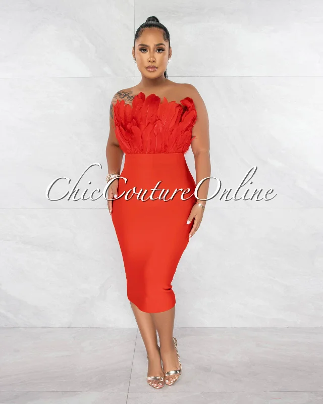 Tempest Red Feather Neckline Midi Bandage Dress