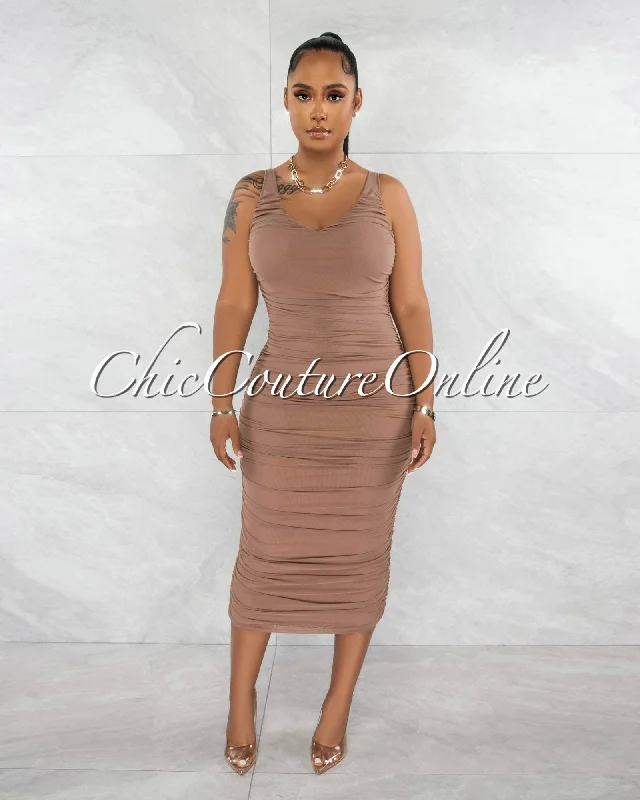 Tisha Mocha Mesh Ruched Midi Dress