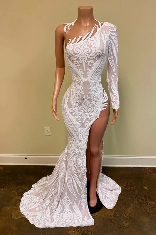 White One-Shoulder Long Sleeves Prom Dress Mermaid Sequins Lace With Splitgh792