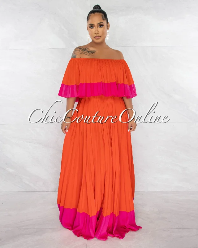 Xandy Tomato Fuchsia Off-The Shoulders Ruffle Maxi Dress