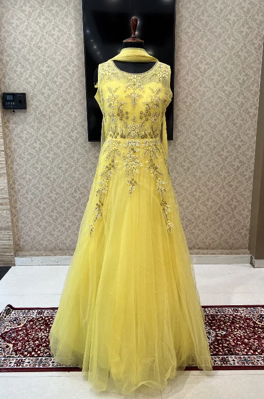 Yellow Sequins, Stone and Beads work Bridal and Partywear Gown