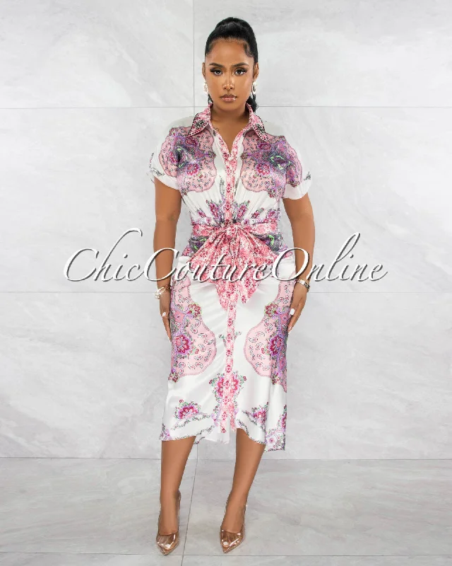 Zackie Pink Paisley Print Front Drape Shirt Midi Dress