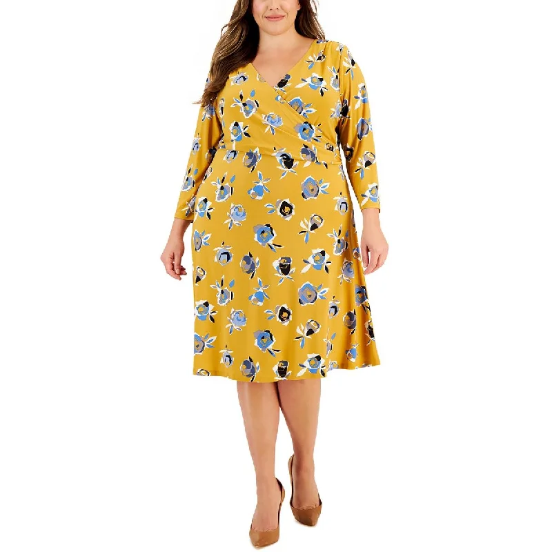 Kasper Womens Plus Floral Print  Fit & Flare Dress