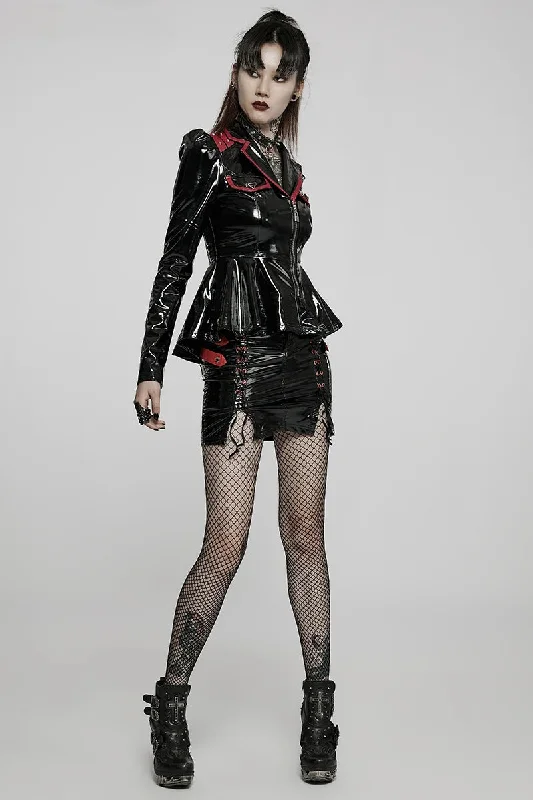 Sexy PU Women Elastic Patent Leather Dresses Slit with Drawstring Side Loop Mini Skirt Sexy PU Women Elastic Patent Leather Dresses Slit with Drawstring Side Loop Mini Skirt