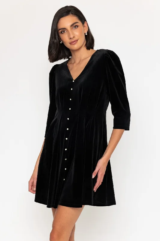 3/4 Sleeve Length Velvet Martha Mini Dress in Black
