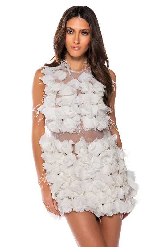 LUCINDA FEATHERED FLOWERS MINI DRESS