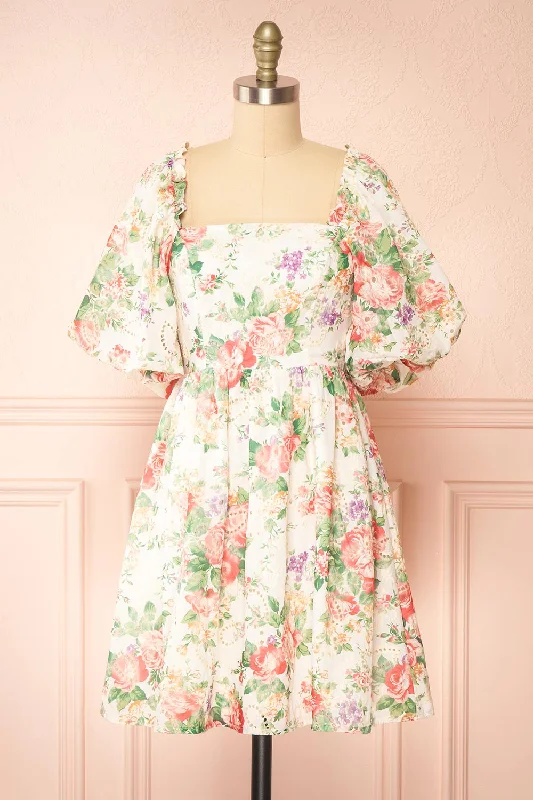 Bouqina | Short Floral Dress w/ Puffy Sleeves