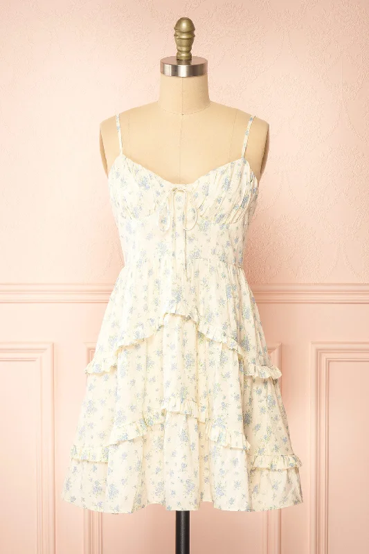 Faelle | Short Cream Dress w/ Floral Pattern