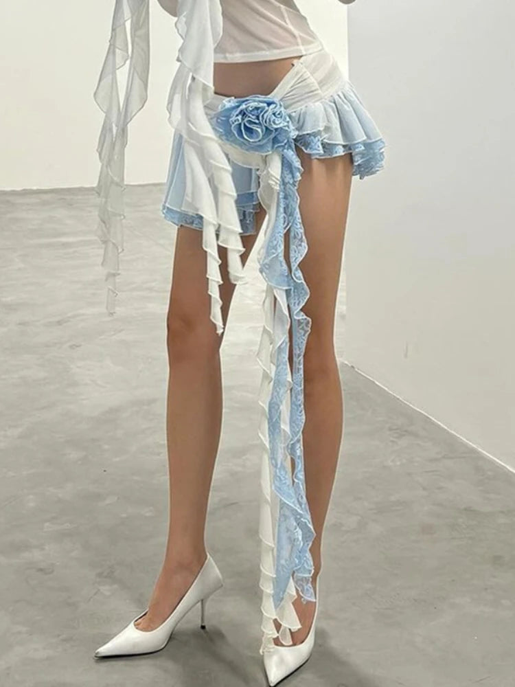 Flower Lace Mini Asymmetrical Ruffle Slim High Street Y2K Sexy Skirt