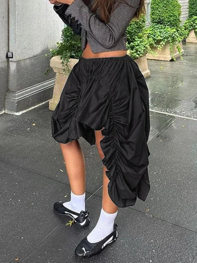 Folds Black Mini High Waist Fashion Asymmetrical Loose Street Skirt