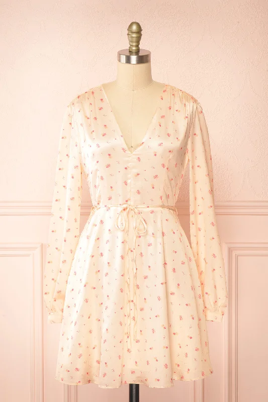 Georgia | Short Pink Satin Floral Dress