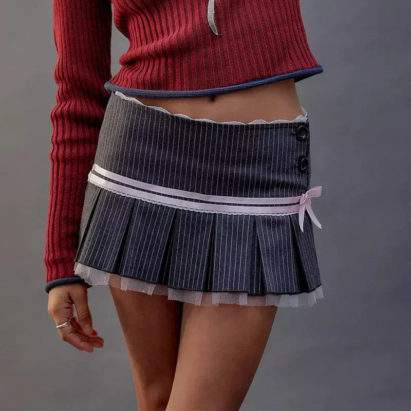 Lace Splice Mini Bow Bandage Fashion Folds Hot Winter Casual Skirt