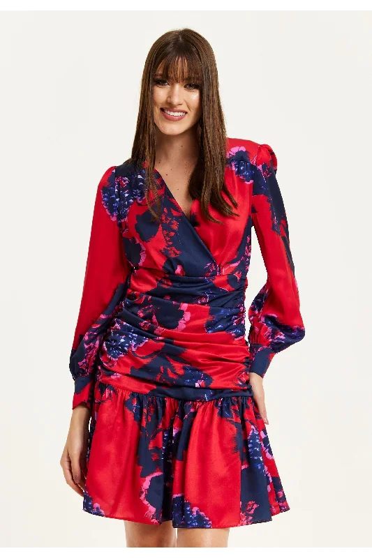 Liquorish Floral Print Red Mini Dress With Long Sleeves