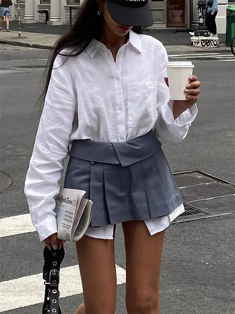 New Mini High Waist Gray Pleated A-Line Turn-Down Y2k Streetwear Skirt