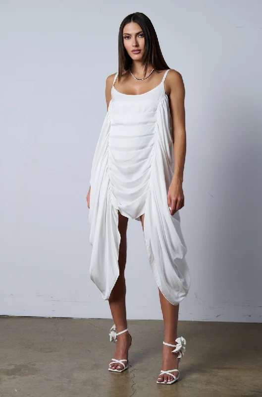 SMOOTH OPERATOR RUCHED MINI DRESS IN WHITE