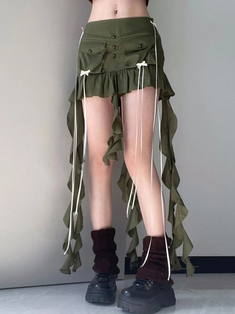 Splice Folds Mini Pocket High Waist Bandage Casual Lace Slim Skirt