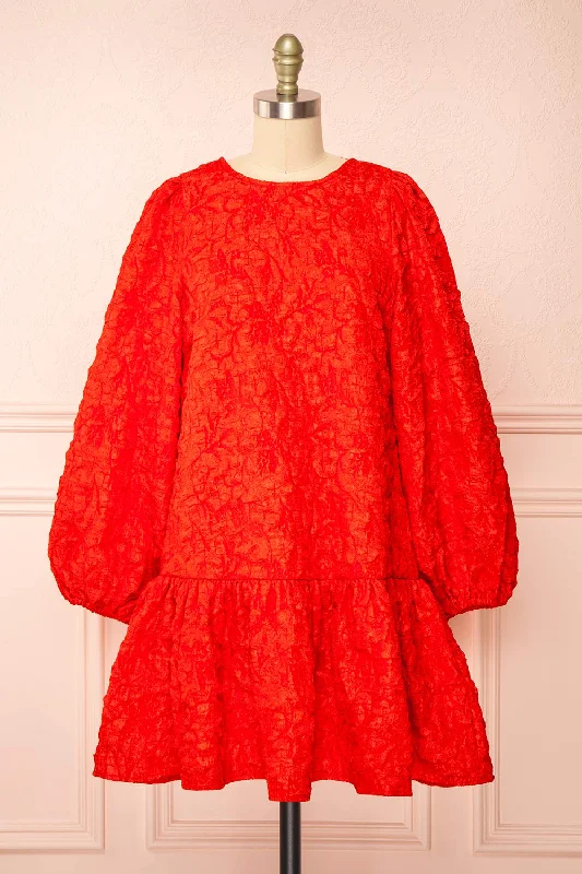 Valoria Red | Short Dress w/ Puff Sleeves