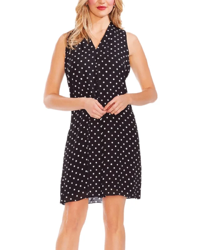 Vince Camuto Women's Black-ivory Polka Dot Split Neck Mini Dress, S