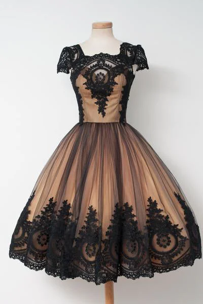 Vintage Black Applique Cap Sleeves Homecoming Dress,Tulle Pretty Cheap Short Prom Dresses OK355