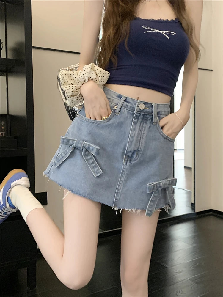 Vintage Raw Hem Denim Summer High Waist A-line Mini Korean Bows Casual Skirt
