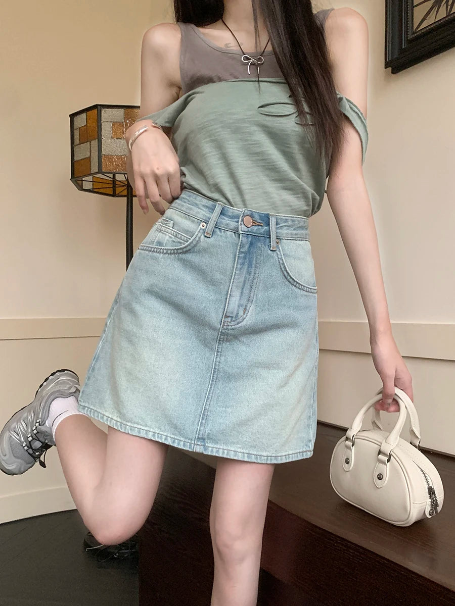 Vintage Summer Denim Fashion Korean Street Style Mini Skirt