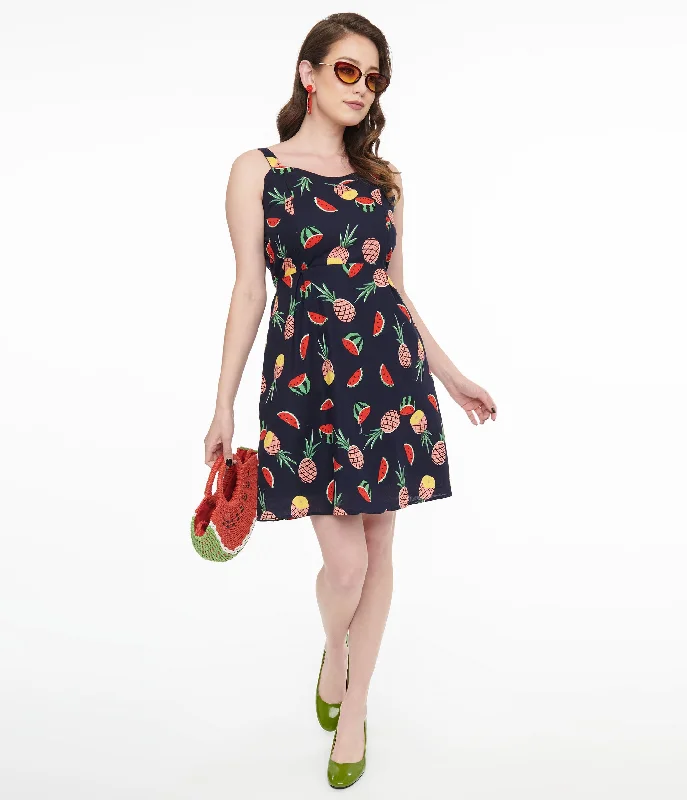 1950s Navy Fruit Print Fit & Flare Dress