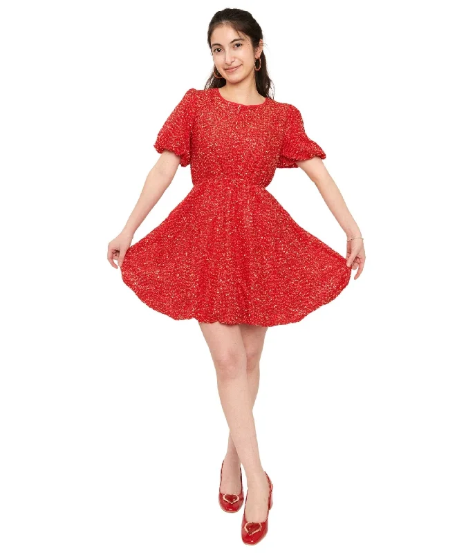 Red Sequin Puff Sleeve Flare Dress