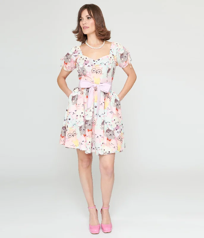 Unique Vintage 1950s Pink & Multicolor Cat Print Dakota Flare Dress