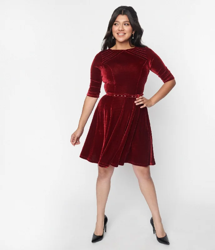 Unique Vintage Burgundy Velvet Stephanie Fit & Flare Dress