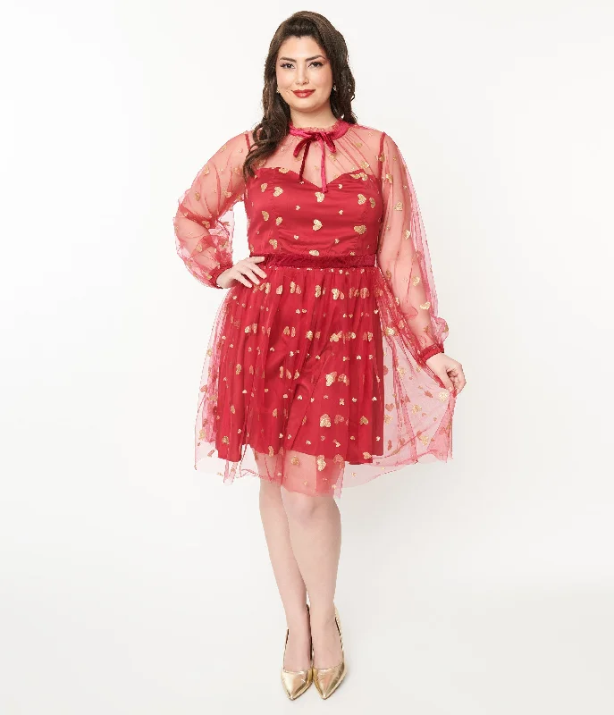 Unique Vintage Plus Size Red & Gold Glitter Heart Flare Dress